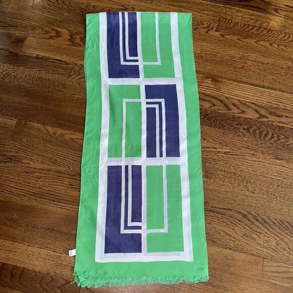 Vintage mid century Raffaello green, white & navy blue acetate long scarf - Picture 7 of 9